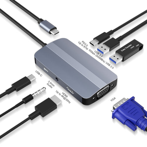 JUNSUNMAY 7 in 1 Type-C ถึง 4K HDMI + VGA + 3.5 มม. Audio Docking Station Adapter PD Quick Charge Hub, JSM-HUB016