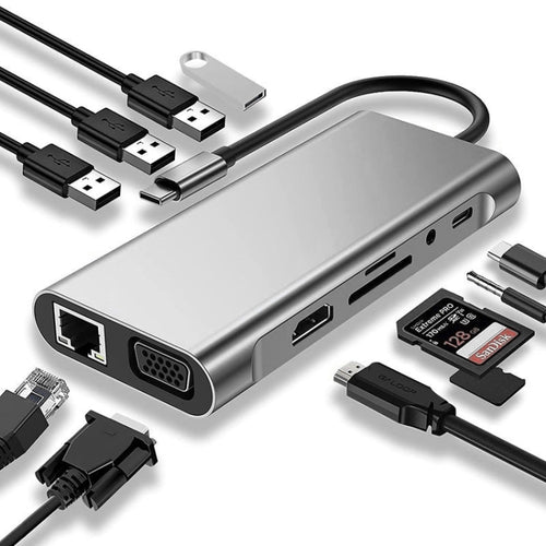 ฮับ USB C, อะแดปเตอร์ USB C 11 ใน 1 ดองเกิลพร้อม 4K HDMI, VGA, Type C PD, USB3.0, อีเธอร์เน็ต RJ45, เครื่องอ่านการ์ด SD/TF, ช่องรับสัญญาณเสียง 3.5 มม., แท่นวางที่เข้ากันได้กับ MacBook Pro/Air, ประเภท C อื่นๆอุปกรณ์แล็ปท็อป