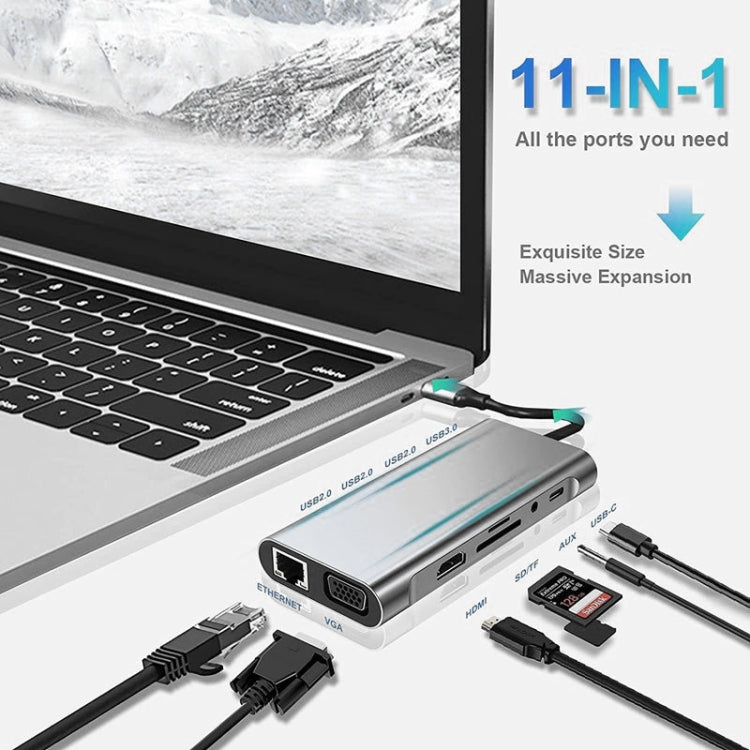 ฮับ USB C, อะแดปเตอร์ USB C 11 ใน 1 ดองเกิลพร้อม 4K HDMI, VGA, Type C PD, USB3.0, อีเธอร์เน็ต RJ45, เครื่องอ่านการ์ด SD/TF, ช่องรับสัญญาณเสียง 3.5 มม., แท่นวางที่เข้ากันได้กับ MacBook Pro/Air, ประเภท C อื่นๆอุปกรณ์แล็ปท็อป