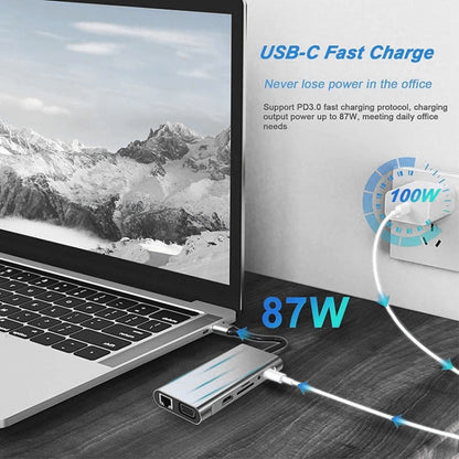 ฮับ USB C, อะแดปเตอร์ USB C 11 ใน 1 ดองเกิลพร้อม 4K HDMI, VGA, Type C PD, USB3.0, อีเธอร์เน็ต RJ45, เครื่องอ่านการ์ด SD/TF, ช่องรับสัญญาณเสียง 3.5 มม., แท่นวางที่เข้ากันได้กับ MacBook Pro/Air, ประเภท C อื่นๆอุปกรณ์แล็ปท็อป