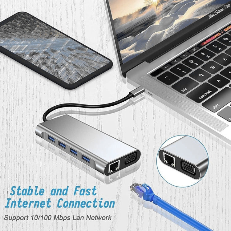 ฮับ USB C, อะแดปเตอร์ USB C 11 ใน 1 ดองเกิลพร้อม 4K HDMI, VGA, Type C PD, USB3.0, อีเธอร์เน็ต RJ45, เครื่องอ่านการ์ด SD/TF, ช่องรับสัญญาณเสียง 3.5 มม., แท่นวางที่เข้ากันได้กับ MacBook Pro/Air, ประเภท C อื่นๆอุปกรณ์แล็ปท็อป