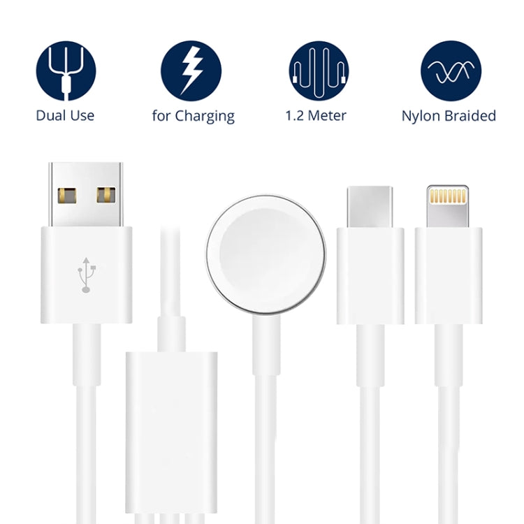 สำหรับ Apple Watch Series & iPhone & โทรศัพท์ที่มีพอร์ต Type-C 3 ใน 1 สายชาร์จ USB แม่เหล็ก 4 ฟุต/1.2 ม., DS-XB017