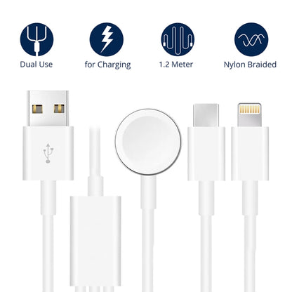 สำหรับ Apple Watch Series & iPhone & โทรศัพท์ที่มีพอร์ต Type-C 3 ใน 1 สายชาร์จ USB แม่เหล็ก 4 ฟุต/1.2 ม., DS-XB017