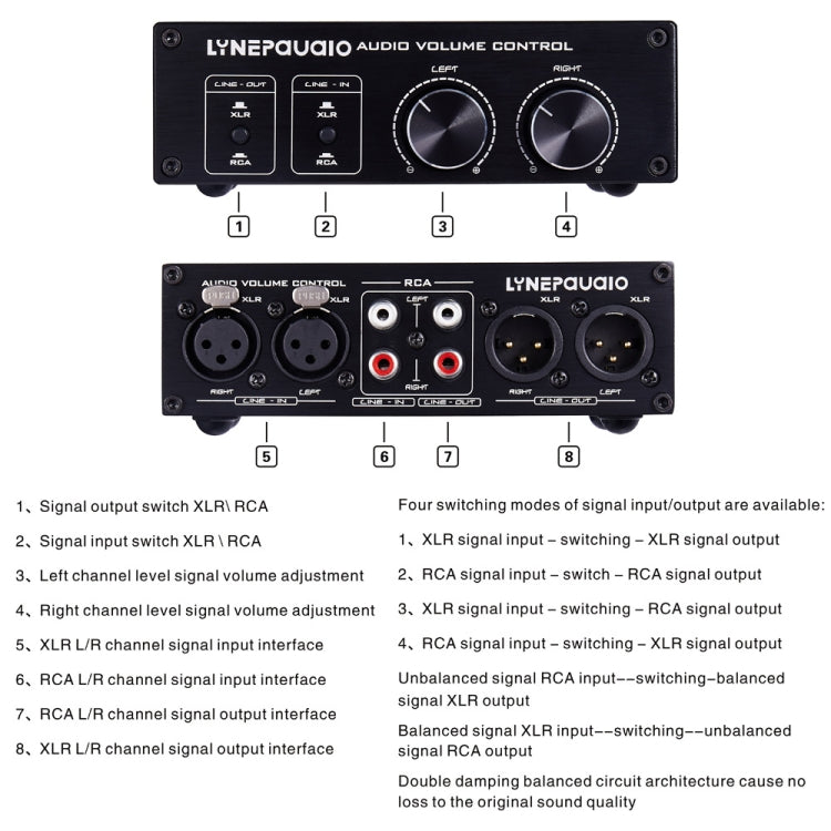 2 In และ 2 Out Switcher Volume Controller, สัญญาณ RCA เปลี่ยนเป็นสัญญาณสมดุล XLR และไม่จำเป็นต้องใช้แหล่งจ่ายไฟมีอินเทอร์เฟซ RCA และ XLR การปรับระดับเสียงช่อง L/R อิสระ ซึ่งเหมาะสำหรับอุปกรณ์ที่ต้องการปรับระดับเสียง