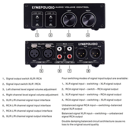 2 In และ 2 Out Switcher Volume Controller, สัญญาณ RCA เปลี่ยนเป็นสัญญาณสมดุล XLR และไม่จำเป็นต้องใช้แหล่งจ่ายไฟมีอินเทอร์เฟซ RCA และ XLR การปรับระดับเสียงช่อง L/R อิสระ ซึ่งเหมาะสำหรับอุปกรณ์ที่ต้องการปรับระดับเสียง