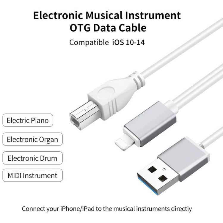 1m 8 Pin to USB + MIDI เครื่องดนตรีอิเล็กทรอนิกส์ & OTG และชาร์จสายเคเบิลมัลติฟังก์ชั่นเข้ากันได้กับ iOS 10-14, MIDI + OTG