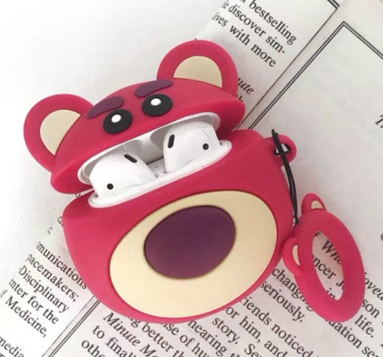 หมีสีแดง Airpods เคสบลูทูธหูฟังกล่องเก็บซิลิโคนแหวนเชือก Anti-Drop BAG