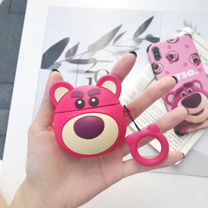 หมีสีแดง Airpods เคสบลูทูธหูฟังกล่องเก็บซิลิโคนแหวนเชือก Anti-Drop BAG