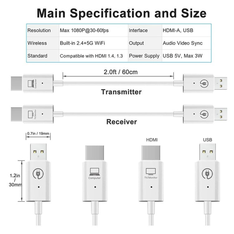 ชุดเครื่องส่งและรับสัญญาณ HDMI ไร้สาย, อะแดปเตอร์ Extender ไร้สาย HDMI, การฉายวิดีโอเสียง 1080P 60fps สำหรับพีซี, แล็ปท็อป, กล้องไปยัง HDTV/โปรเจคเตอร์