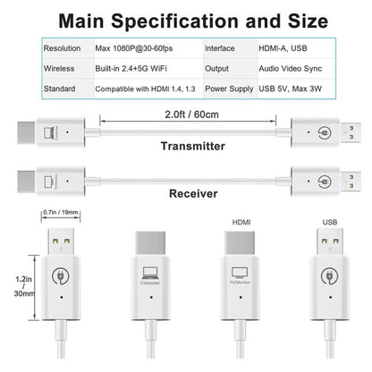 ชุดเครื่องส่งและรับสัญญาณ HDMI ไร้สาย, อะแดปเตอร์ Extender ไร้สาย HDMI, การฉายวิดีโอเสียง 1080P 60fps สำหรับพีซี, แล็ปท็อป, กล้องไปยัง HDTV/โปรเจคเตอร์