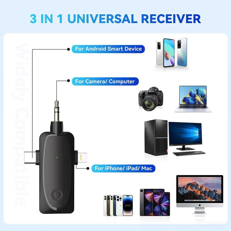 ไมโครโฟนไร้สายขนาดเล็ก 3 in 1 สำหรับ iPhone / Android / กล้องพร้อมฟังก์ชั่นลดเสียงรบกวน, One by Two