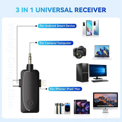 ไมโครโฟนไร้สายขนาดเล็ก 3 in 1 สำหรับ iPhone / Android / กล้องพร้อมฟังก์ชั่นลดเสียงรบกวน, One by Two