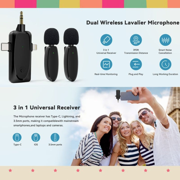 ไมโครโฟนไร้สายขนาดเล็ก 3 in 1 สำหรับ iPhone / Android / กล้องพร้อมฟังก์ชั่นลดเสียงรบกวน, One by Two