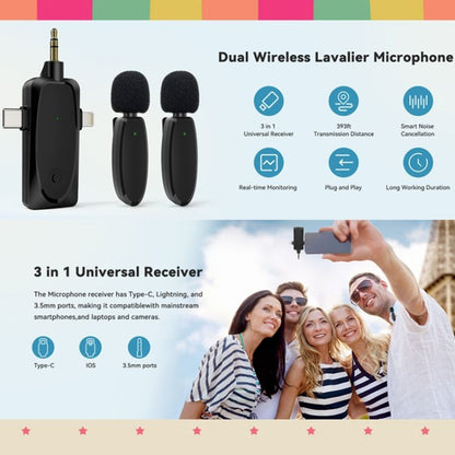 ไมโครโฟนไร้สายขนาดเล็ก 3 in 1 สำหรับ iPhone / Android / กล้องพร้อมฟังก์ชั่นลดเสียงรบกวน, One by Two