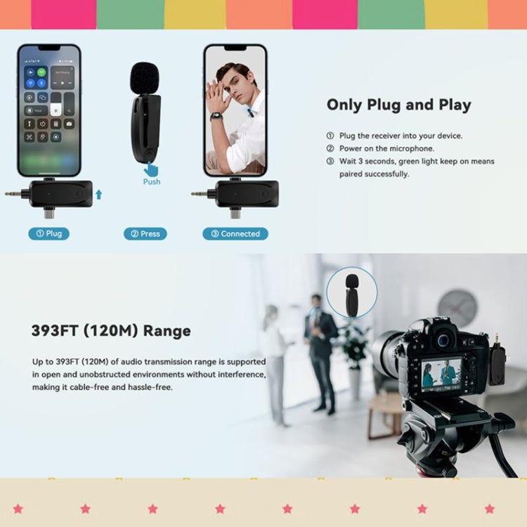 ไมโครโฟนไร้สายขนาดเล็ก 3 in 1 สำหรับ iPhone / Android / กล้องพร้อมฟังก์ชั่นลดเสียงรบกวน, One by Two