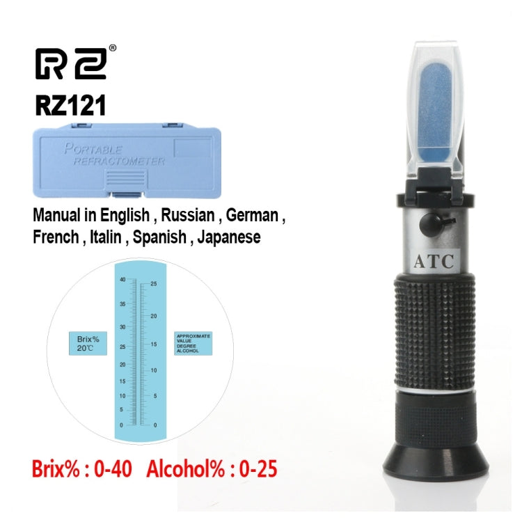 แอลกอฮอล์ Refractometer น้ำตาลไวน์องุ่นความเข้มข้น 0 ~ 25% แอลกอฮอล์ 0 ~ 40% Brix Tester Meter ATC เครื่องมือมือถือ RZ121