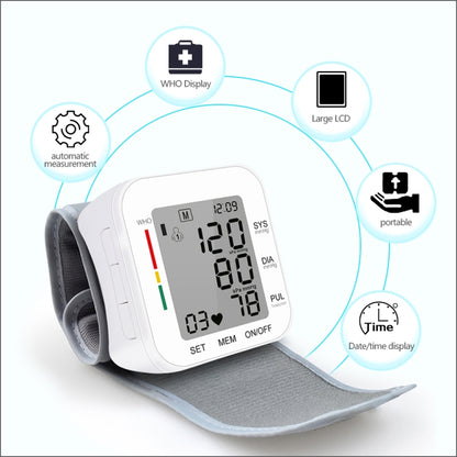 RZ204 เครื่องวัดความดันโลหิตแบบข้อมือแบบดิจิตอลอัตโนมัติ Heart Beat Light น้ำหนัก LCD นาฬิกาข้อมือดิจิตอลพร้อมเสียง