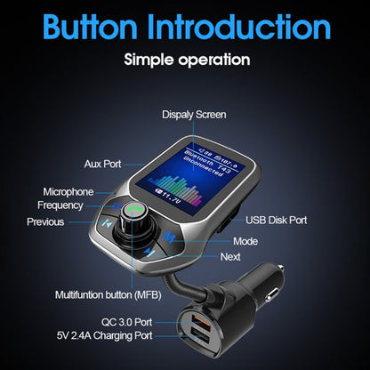 T43 รถบลูทูธ Mp3 มัลติฟังก์ชั่นหน้าจอสีขนาดใหญ่ QC3.0 บลูทูธรถชาร์จ Lossless รถเครื่องเล่นบลูทูธ, T43