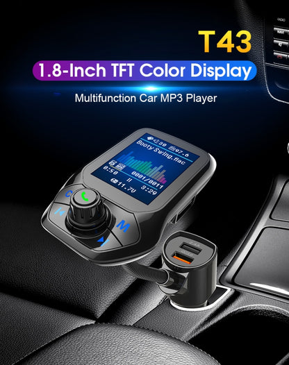 T43 รถบลูทูธ Mp3 มัลติฟังก์ชั่นหน้าจอสีขนาดใหญ่ QC3.0 บลูทูธรถชาร์จ Lossless รถเครื่องเล่นบลูทูธ, T43