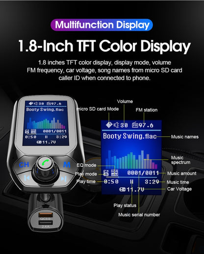 T43 รถบลูทูธ Mp3 มัลติฟังก์ชั่นหน้าจอสีขนาดใหญ่ QC3.0 บลูทูธรถชาร์จ Lossless รถเครื่องเล่นบลูทูธ, T43