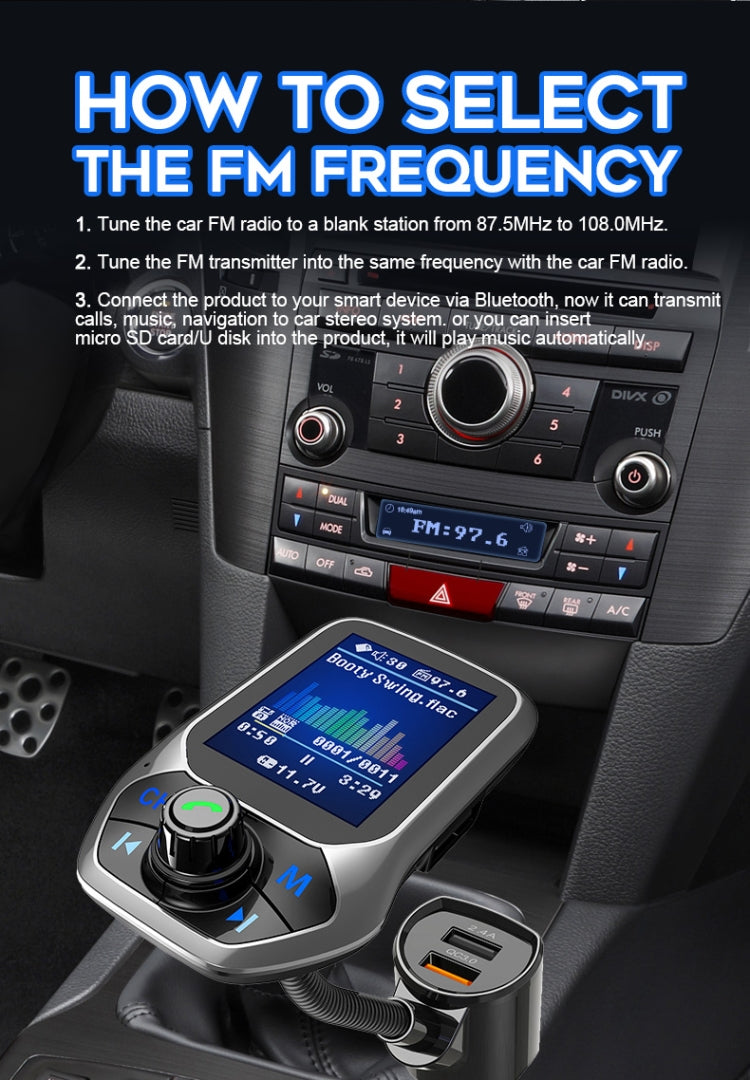 T43 รถบลูทูธ Mp3 มัลติฟังก์ชั่นหน้าจอสีขนาดใหญ่ QC3.0 บลูทูธรถชาร์จ Lossless รถเครื่องเล่นบลูทูธ, T43
