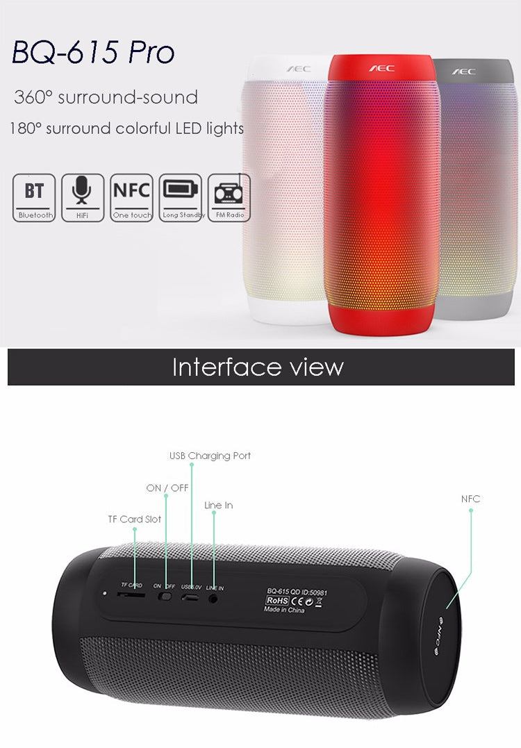 BQ615 PRO ลำโพงไฮไฟสเตอริโอไร้สาย LED หลากสีสัน รวมบลูทูธ + เครื่องเล่นการ์ด TF + วิทยุ FM + AUX + NFC, BQ615 PRO