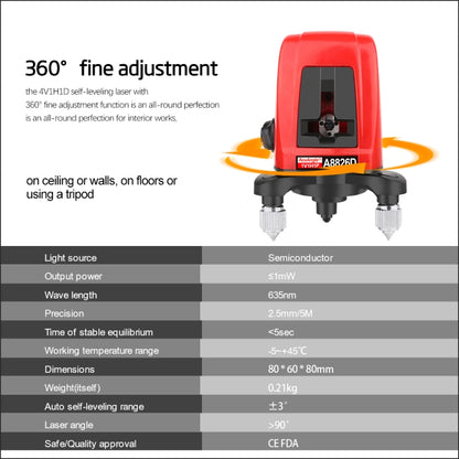 A8826D ระดับเลเซอร์ 3D Self Leveling 2 เส้นเลเซอร์แนวนอนแนวตั้งเลเซอร์ระดับ 360 ขาตั้งกล้องมินิเลเซอร์ระดับ
