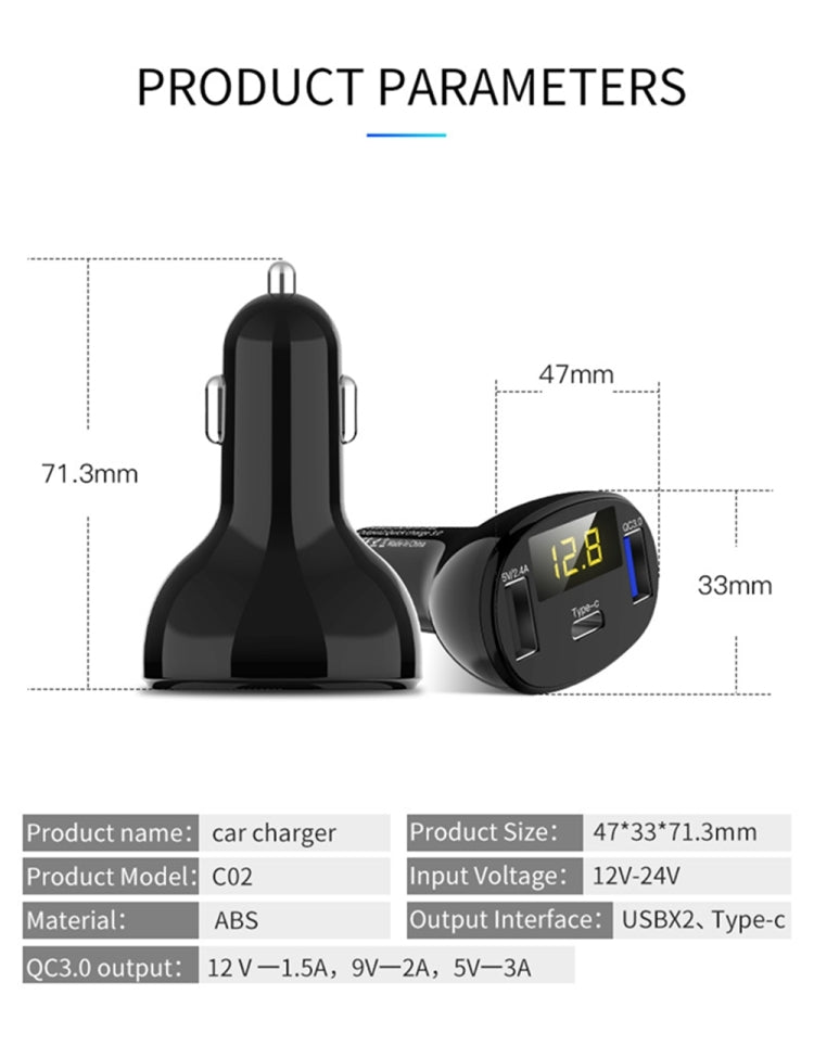 C02 รถอะแดปเตอร์ในรถชาร์จโทรศัพท์ Type-C Fast Charger QC3.0 พอร์ต USB คู่ DC5V 2.4A 12V 24V ไฟแช็กแหล่งจ่ายไฟ, C02