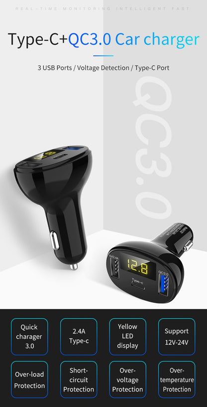 C02 รถอะแดปเตอร์ในรถชาร์จโทรศัพท์ Type-C Fast Charger QC3.0 พอร์ต USB คู่ DC5V 2.4A 12V 24V ไฟแช็กแหล่งจ่ายไฟ, C02