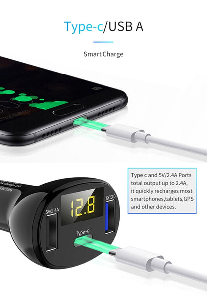 C02 รถอะแดปเตอร์ในรถชาร์จโทรศัพท์ Type-C Fast Charger QC3.0 พอร์ต USB คู่ DC5V 2.4A 12V 24V ไฟแช็กแหล่งจ่ายไฟ, C02