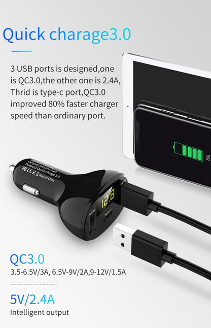 C02 รถอะแดปเตอร์ในรถชาร์จโทรศัพท์ Type-C Fast Charger QC3.0 พอร์ต USB คู่ DC5V 2.4A 12V 24V ไฟแช็กแหล่งจ่ายไฟ, C02