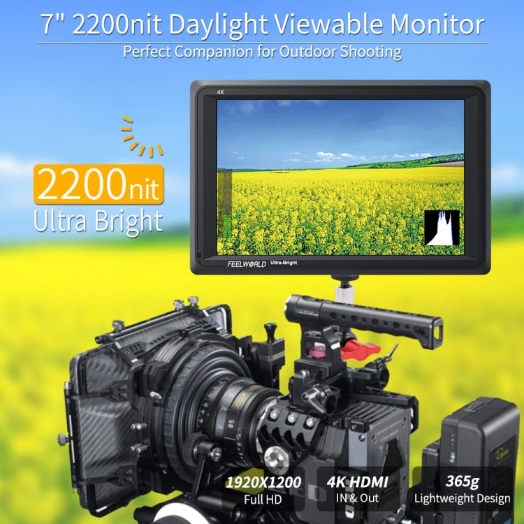 FEELWORLD FW279 7 นิ้ว Ultra Bright 2200nit บนกล้อง DSLR Monitor Full HD 1920x1200 4K อินพุต HDMI เอาต์พุตความสว่างสูงสำหรับ DSLR Stablizer, FW279