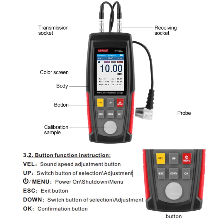 WT100A Digital Ultrasonic เครื่องวัดความหนา USB ชาร์จดิจิตอลความหนาโลหะเครื่องทดสอบความแม่นยำสูง, WT100A