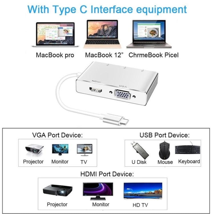 USB C ถึง HDMI VGA USB Hub Adapter 5 in 1 USB 3.1 Converter สำหรับแล็ปท็อปสำหรับ MacBook, chromeBook Pixel, Huawei MateBook, HDMI+VGA+3xUSB3.0 to Type-C
