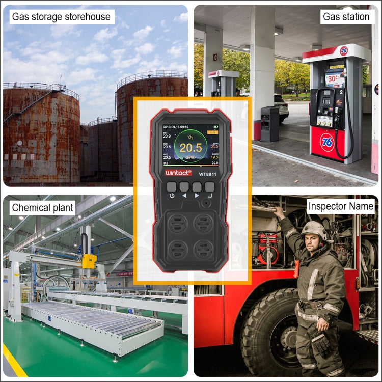 WINTACT WT8811 Compoud Gas Monitor จอแสดงผล LCD มัลติฟังก์ชั่นแบบชาร์จไฟได้ 4 in1 เชื้อเพลิง O2 H2S CO Gas Sensor เสียง - light การสั่นสะเทือนนาฬิกาปลุก