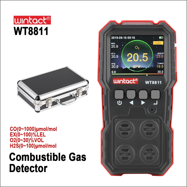 WINTACT WT8811 Compoud Gas Monitor จอแสดงผล LCD มัลติฟังก์ชั่นแบบชาร์จไฟได้ 4 in1 เชื้อเพลิง O2 H2S CO Gas Sensor เสียง - light การสั่นสะเทือนนาฬิกาปลุก