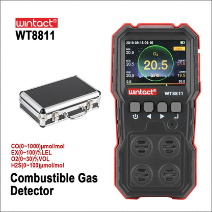 WINTACT WT8811 Compoud Gas Monitor จอแสดงผล LCD มัลติฟังก์ชั่นแบบชาร์จไฟได้ 4 in1 เชื้อเพลิง O2 H2S CO Gas Sensor เสียง - light การสั่นสะเทือนนาฬิกาปลุก