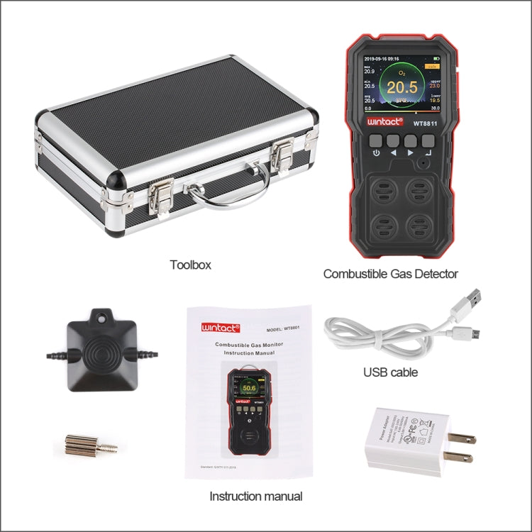 WINTACT WT8811 Compoud Gas Monitor จอแสดงผล LCD มัลติฟังก์ชั่นแบบชาร์จไฟได้ 4 in1 เชื้อเพลิง O2 H2S CO Gas Sensor เสียง - light การสั่นสะเทือนนาฬิกาปลุก