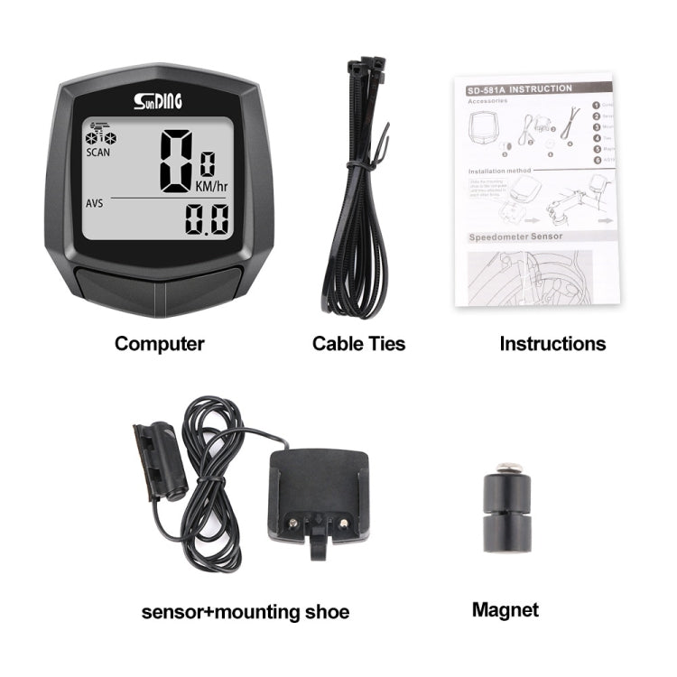 SUNDING SD-581A จักรยานแบบมีสายคอมพิวเตอร์ Speedometer เครื่องวัดระยะทางขี่จักรยานจักรยานกันน้ำวัดอุณหภูมินาฬิกาจับเวลา, SUNDING SD-581A