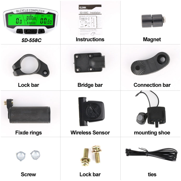 SUNDING SD-558C จักรยานคอมพิวเตอร์ไร้สายดิจิตอล LCD Backlight แผนที่ Speedometer นาฬิกาจับเวลา Speedometer, SD-558C
