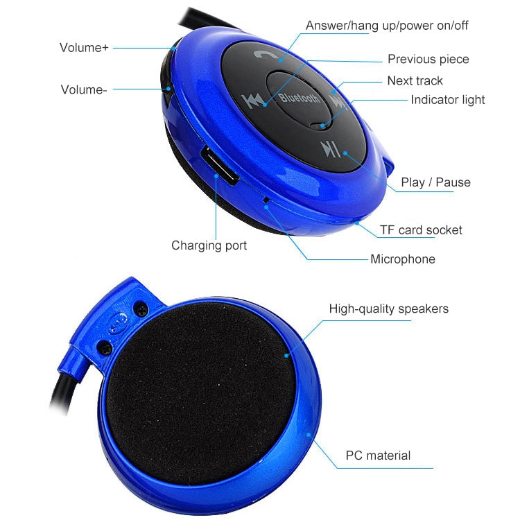 NVAHVA เครื่องเล่น MP3 หูฟังบลูทูธ,ชุดหูฟังไร้สายกีฬา MP3 เครื่องเล่นวิทยุ FM,หูฟังสเตอริโอ TF Card MP3 สูงสุด 32GB, mini-503 Black, mini-503 Red, mini-503 Blue, mini-503 Gold
