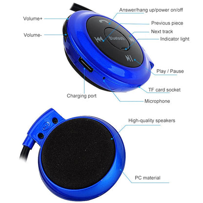 NVAHVA เครื่องเล่น MP3 หูฟังบลูทูธ,ชุดหูฟังไร้สายกีฬา MP3 เครื่องเล่นวิทยุ FM,หูฟังสเตอริโอ TF Card MP3 สูงสุด 32GB, mini-503 Black, mini-503 Red, mini-503 Blue, mini-503 Gold