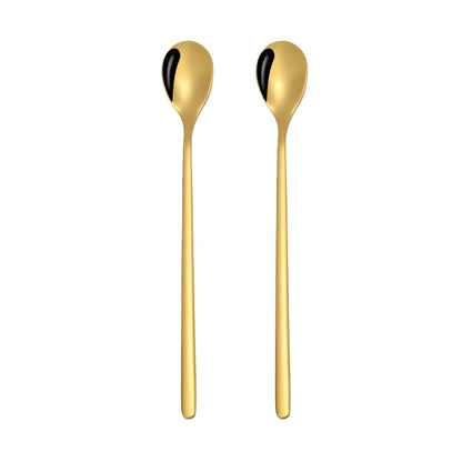 2 ชิ้นช้อนสแตนเลสช้อนกาแฟสร้างสรรค์บาร์ช้อนน้ำแข็งชุบทองช้อนกวนยาว, Round Spoon Gold