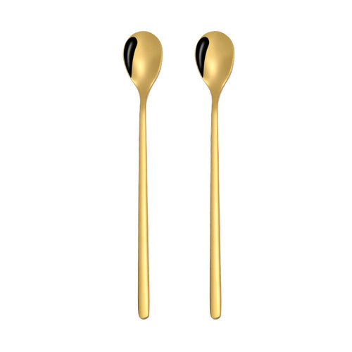 2 ชิ้นช้อนสแตนเลสช้อนกาแฟสร้างสรรค์บาร์ช้อนน้ำแข็งชุบทองช้อนกวนยาว, Round Spoon Gold