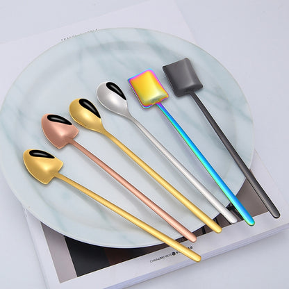 2 ชิ้นช้อนสแตนเลสช้อนกาแฟสร้างสรรค์บาร์ช้อนน้ำแข็งชุบทองช้อนกวนยาว, Round Spoon Gold