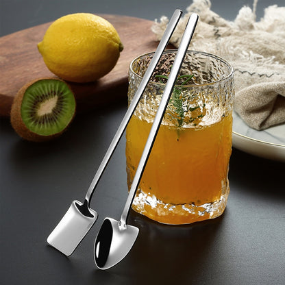 2 ชิ้นช้อนสแตนเลสช้อนกาแฟสร้างสรรค์บาร์ช้อนน้ำแข็งชุบทองช้อนกวนยาว, Round Spoon Gold