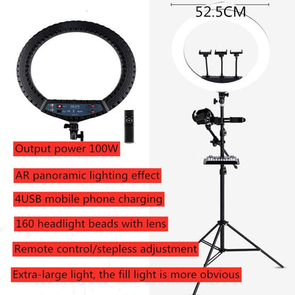 HQ-21N 21 นิ้ว 52.5 ซม. LED Ring Vlogging การถ่ายภาพชุดไฟวิดีโอพร้อมรีโมทคอนโทรลและที่หนีบโทรศัพท์และ 2.1 ม. ขาตั้งกล้อง, ปลั๊ก EU, 21 inch
