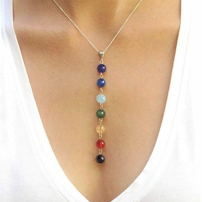 7 สีลูกปัดหินธรรมชาติจี้สร้อยคอผู้หญิงโยคะ Reiki Healing Balancing สร้อยคอ Charms เครื่องประดับ