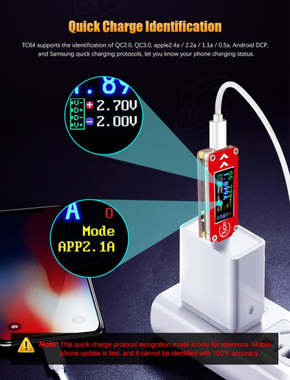 TC64 สี Ccreen PD การตรวจจับการชาร์จอย่างรวดเร็ว Type-C เครื่องทดสอบมิเตอร์กระแสแรงดันไฟฟ้า