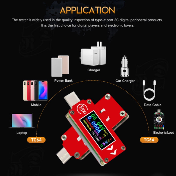 TC64 สี Ccreen PD การตรวจจับการชาร์จอย่างรวดเร็ว Type-C เครื่องทดสอบมิเตอร์กระแสแรงดันไฟฟ้า